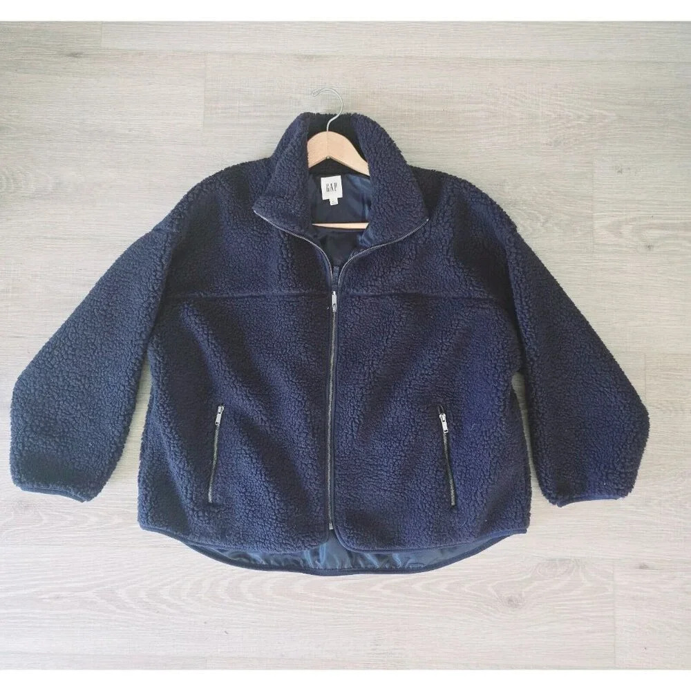 Gap Blue Navy Uniform Fleece Sherpa Full Zip Long Sleeves Pockets Jacket Size XL
